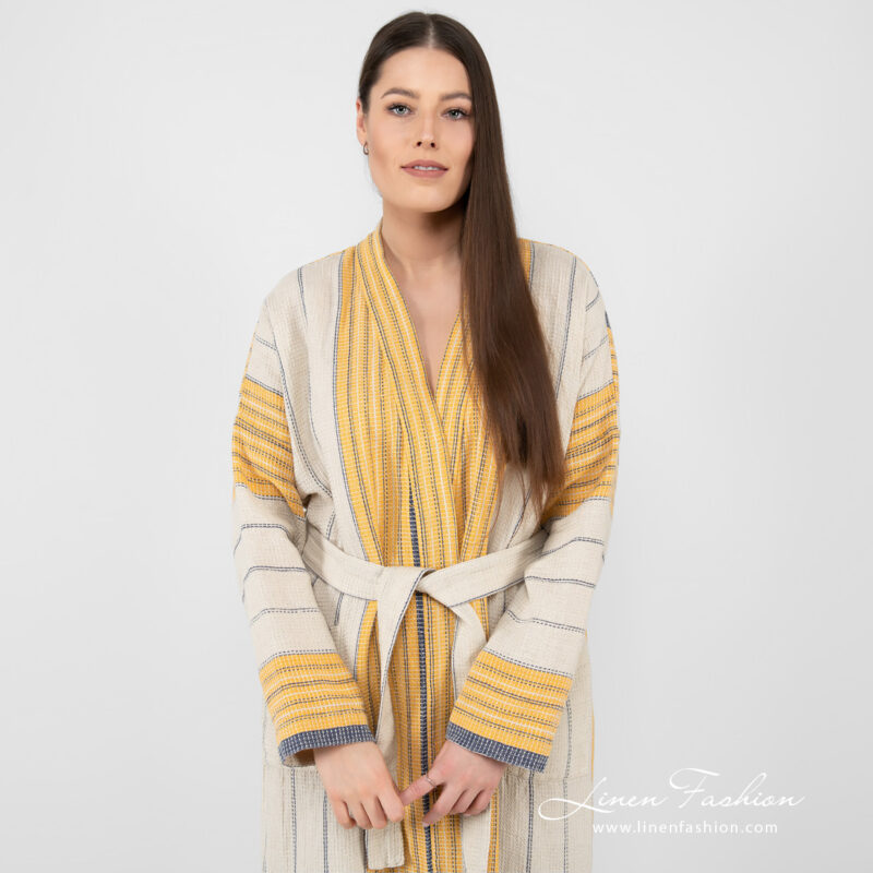 linen cotton beige striped bathrobe, washed.