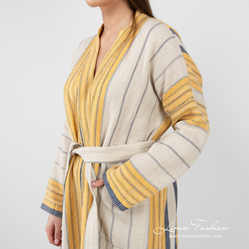linen cotton beige striped bathrobe, long sleeves.