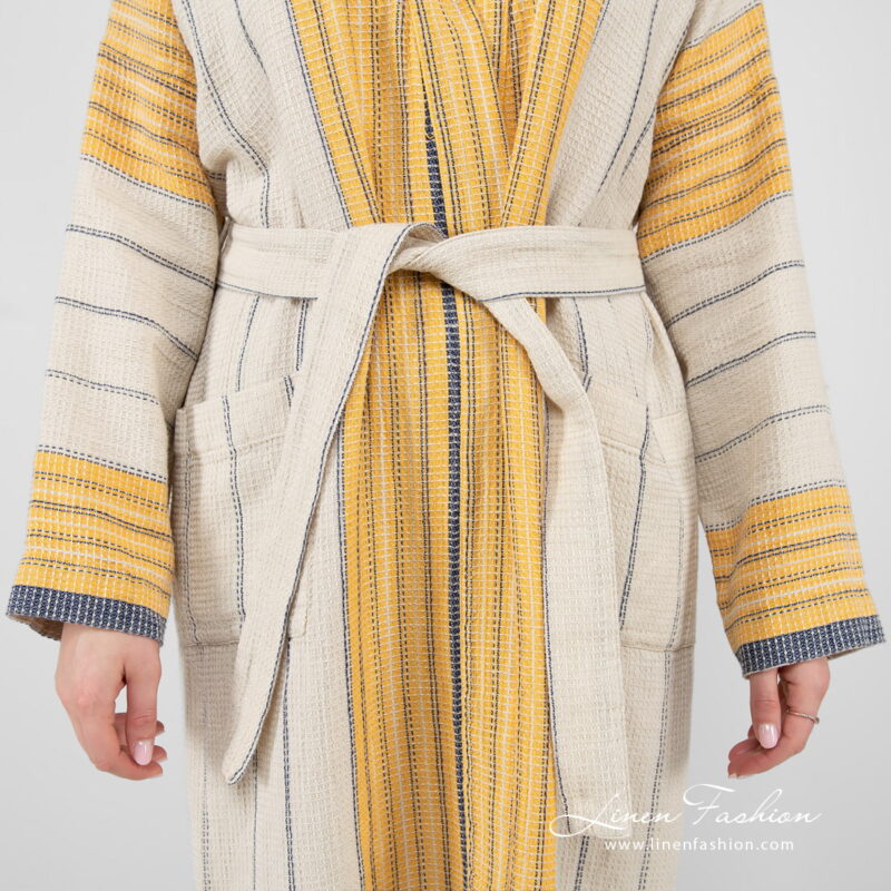 linen cotton beige striped bathrobe pockets.