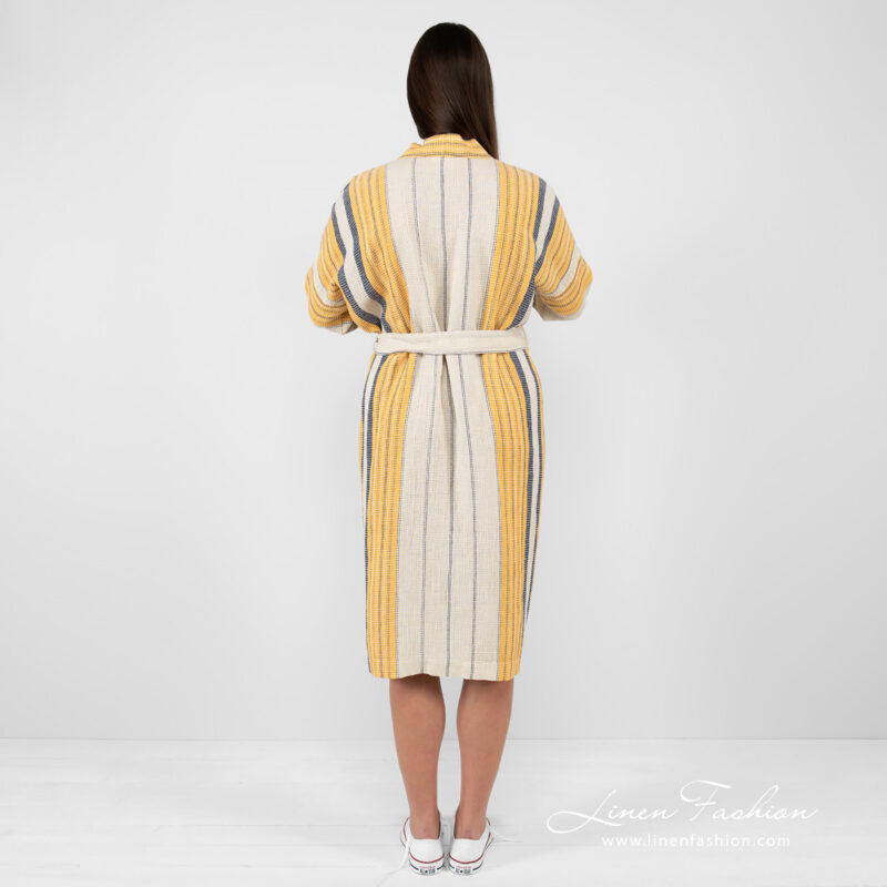 linen cotton beige striped bathrobe from backside.
