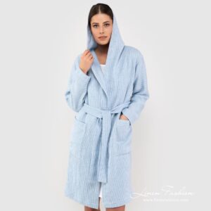 AIRA Bademantel hellblau mit Kapuze 6 AIRA blue linen cotton bathrobe with hoodie