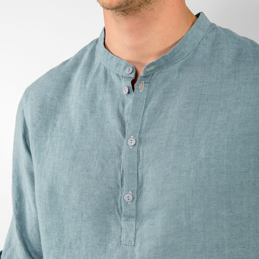 MARTIN Hemd grünblau 3 Aqua-blue linen men's shirt, banded collar