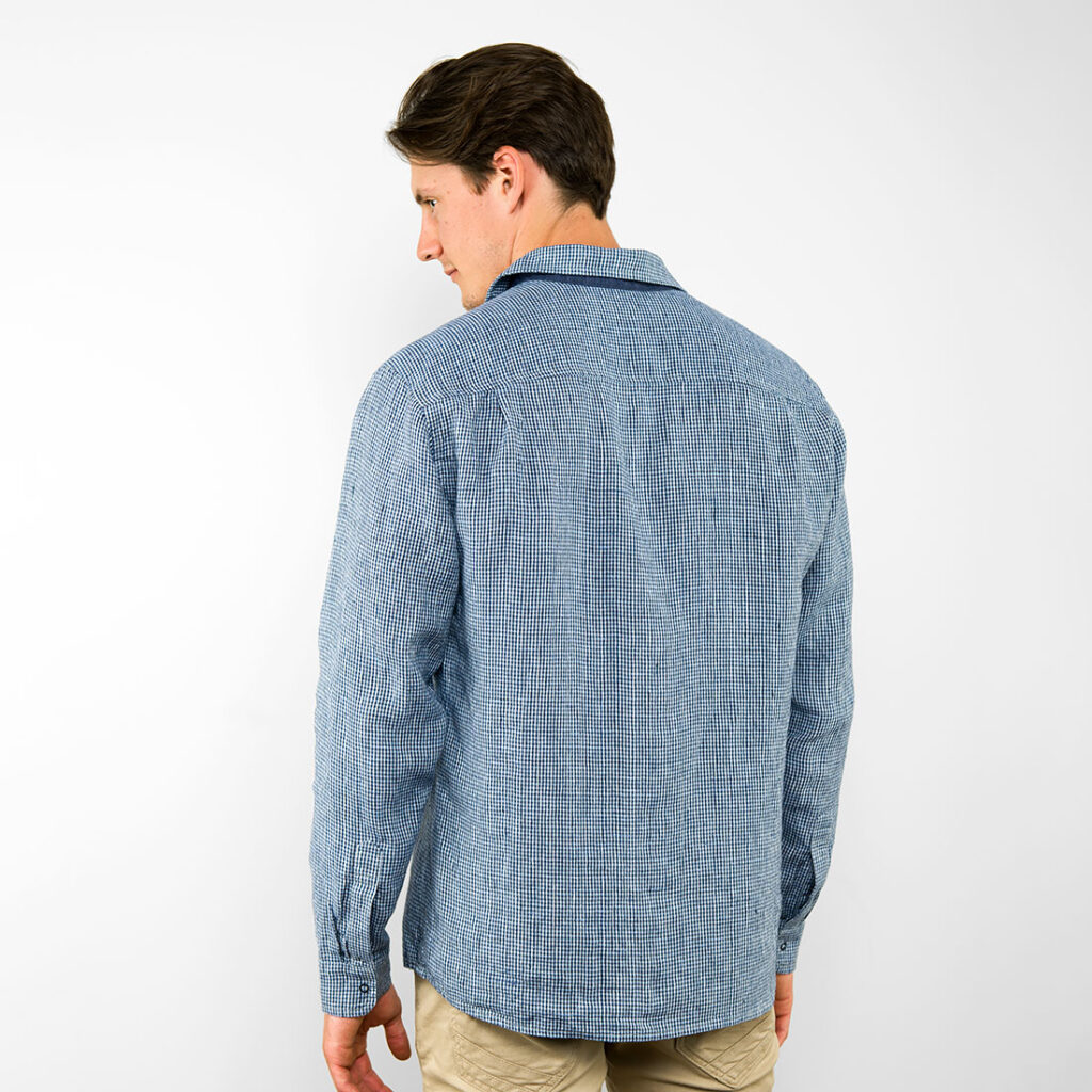 LONGO Hemd blau 5 Checked blue linen men's shirt, backside