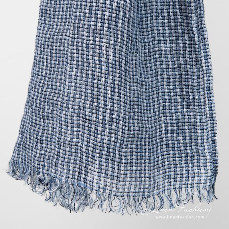 Linen blue ivory scarf fringes