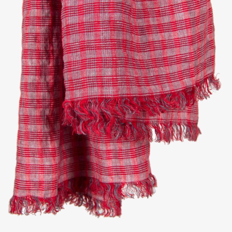 VEGA red and grey linen shawl with fringes
