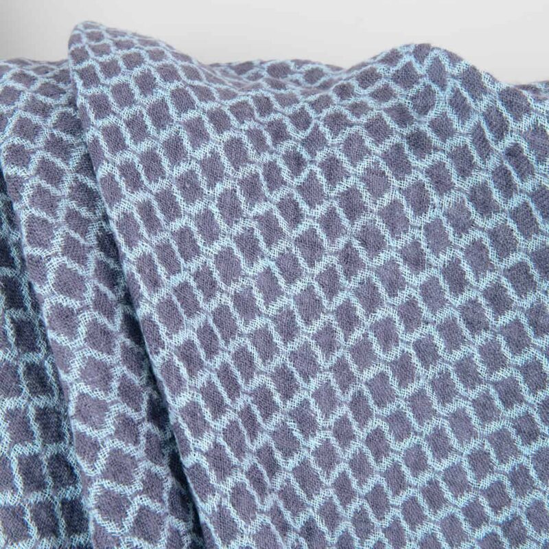 Blue double-sided washed linen fabric in a diamond pattern, jacquard