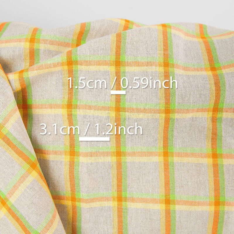 Grey linen cotton fabric in colourful checks, with measurements