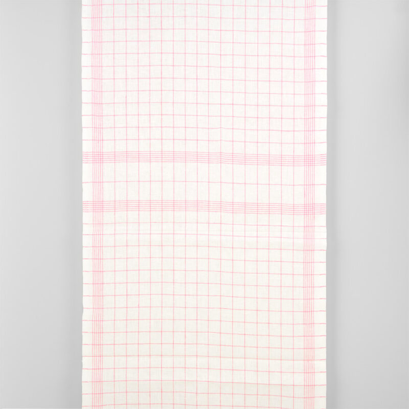 Narrow linen fabric off-white with bright pink checks, 100% linen