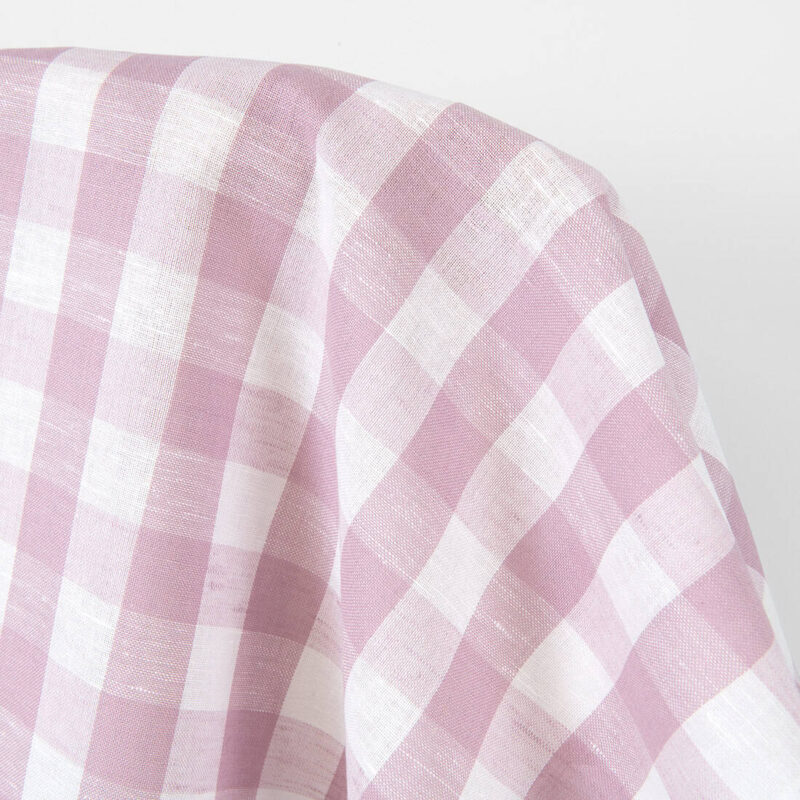 Linen cotton fabric white and pastel lilac checks, 150cm width