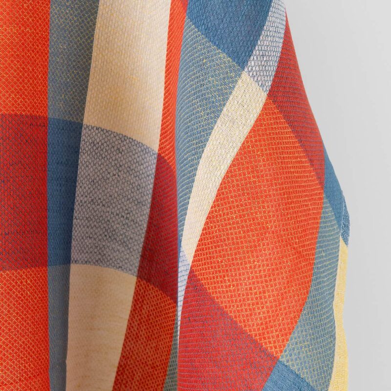 Linen cotton fabric blue red yellow checks, small diamond pattern