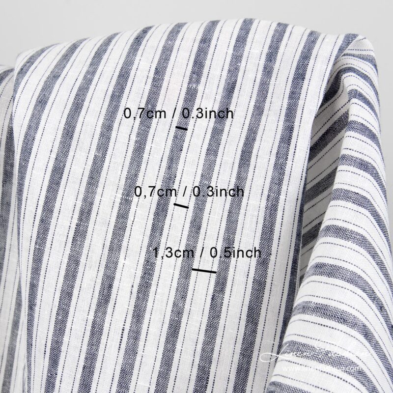 Linen fabric with dark blue stripes, with measurements
