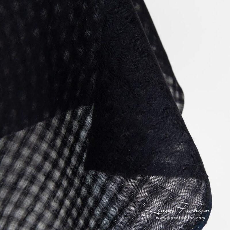 Solid black linen fabric in transparent checks, pure linen