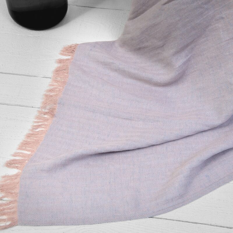 Linen cotton blanket blue-pink, with fringe