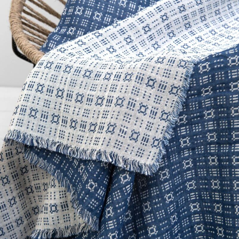 Blue white linen cotton blanket, with fringe