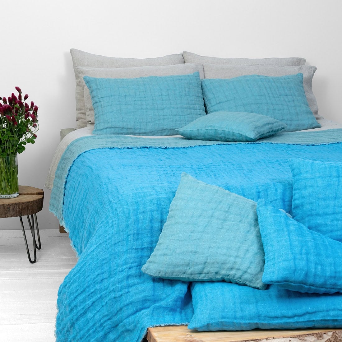 Blue green linen bedspread