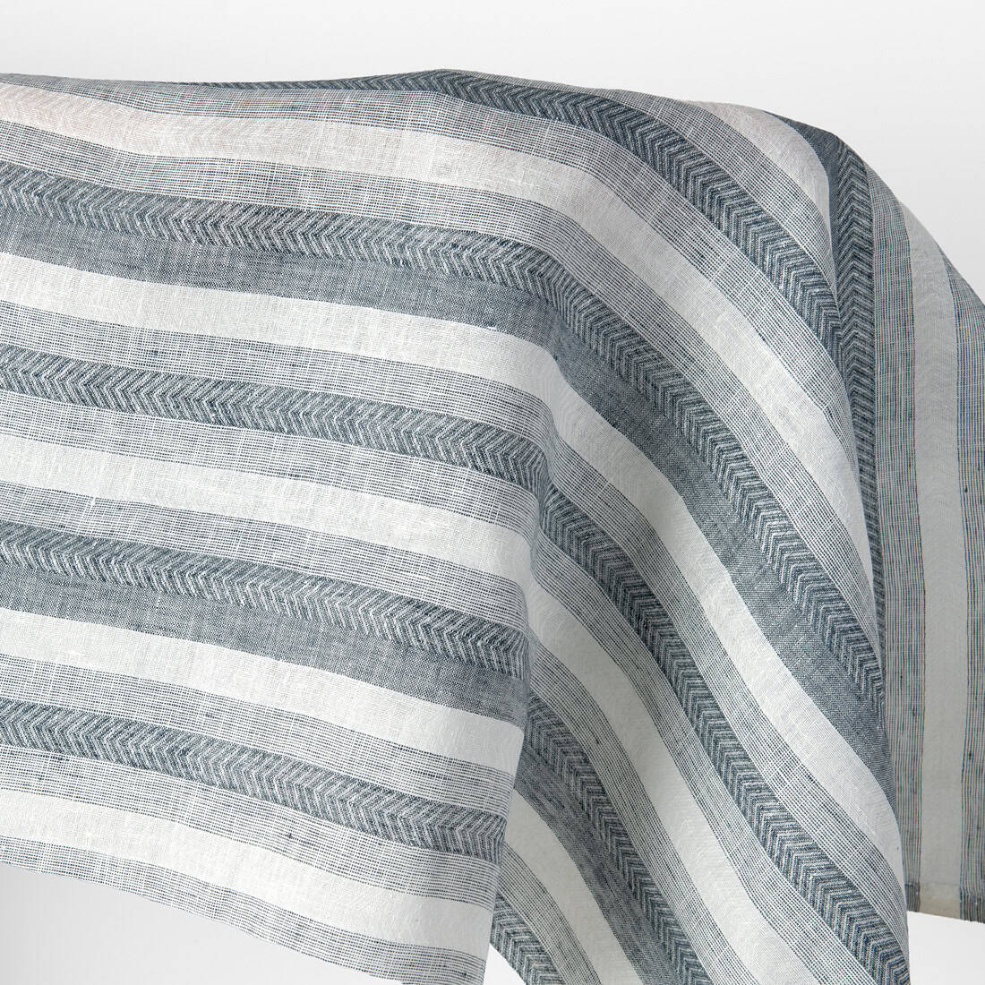 Linen fabric off-white and blue herringbone stripes
