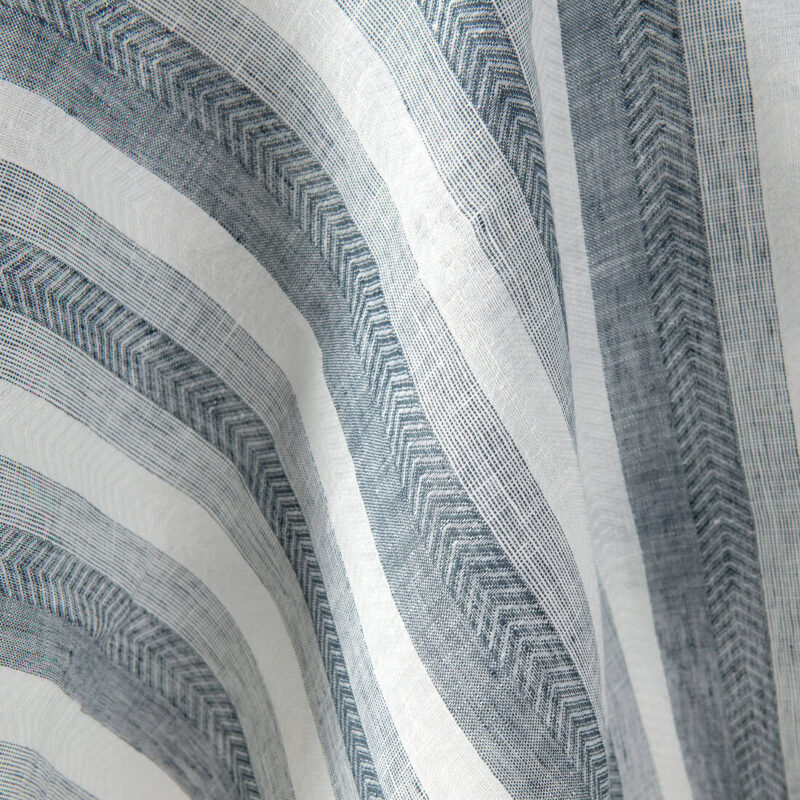 Linen fabric off-white and blue herringbone stripes, 150cm width