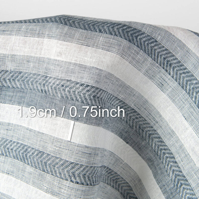 Linen fabric off-white and blue herringbone stripes, with measurements