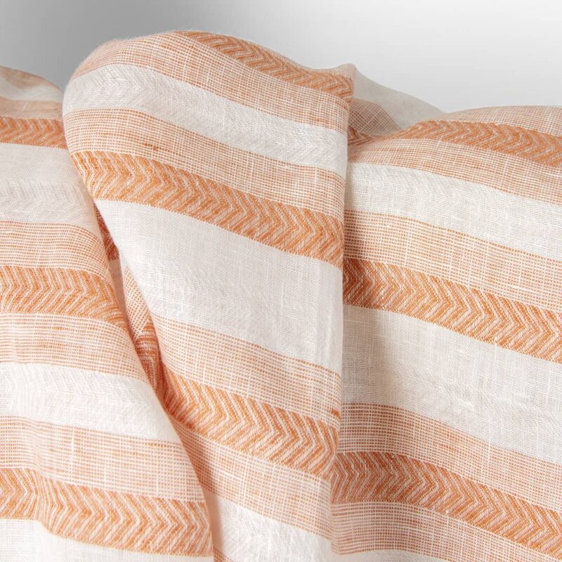 Linen fabric off-white and orange herringbone stripes, 150cm with