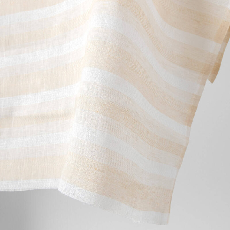Linen fabric white and light sand herringbone stripes, pure linen