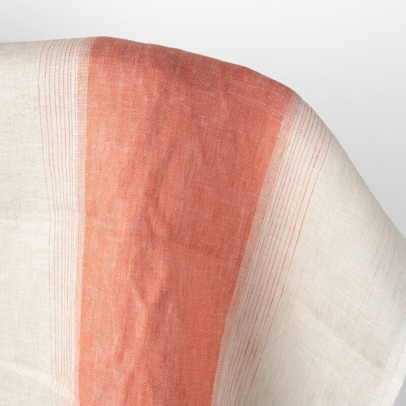 Linen fabric beige-grey with orange stripes, pure linen