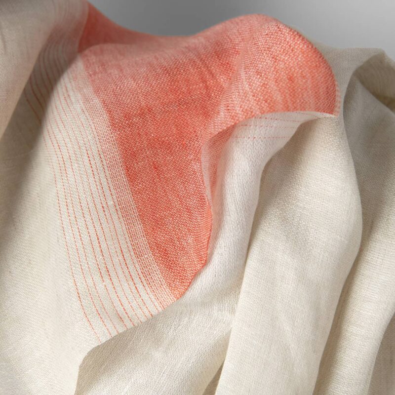 Linen fabric beige-grey with orange stripes, 180cm width
