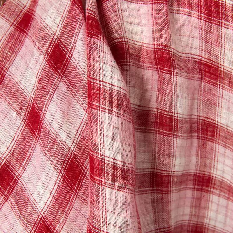 Linen fabric red, pink, cream double-sided checks, 180cm width