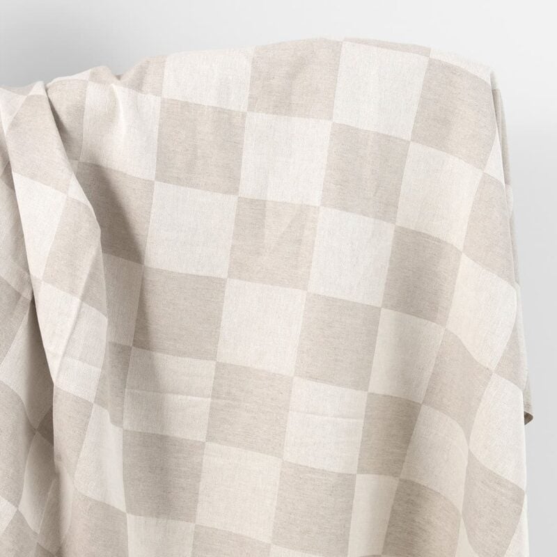 Linen cotton fabric natural and white satin checks