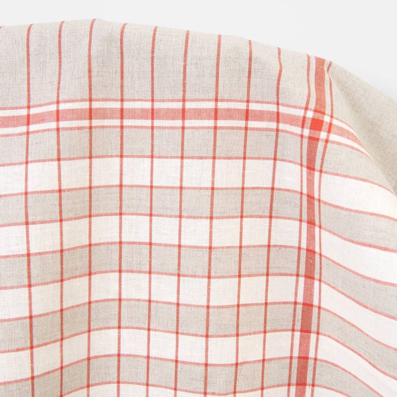 Linen cotton fabric natural white red checks, sold by the metre