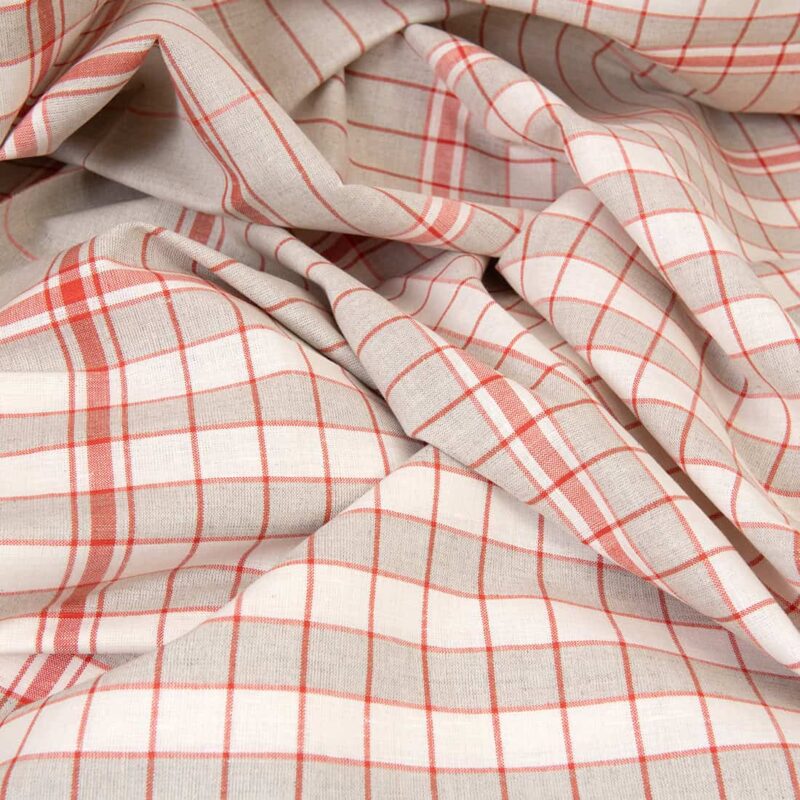 Linen cotton fabric natural white red checks, plain weave