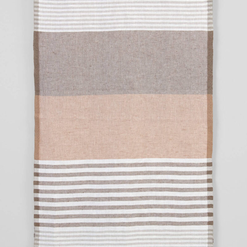 Narrow linen cotton fabric white with various brown stripes