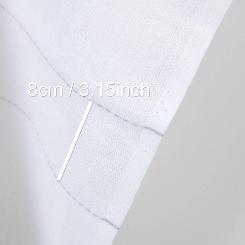 Linen fabric white with grey dashed stripes, with measurements