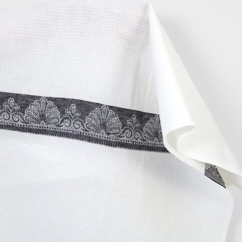 Linen cotton fabric white waffle with black stripes, 150cm width