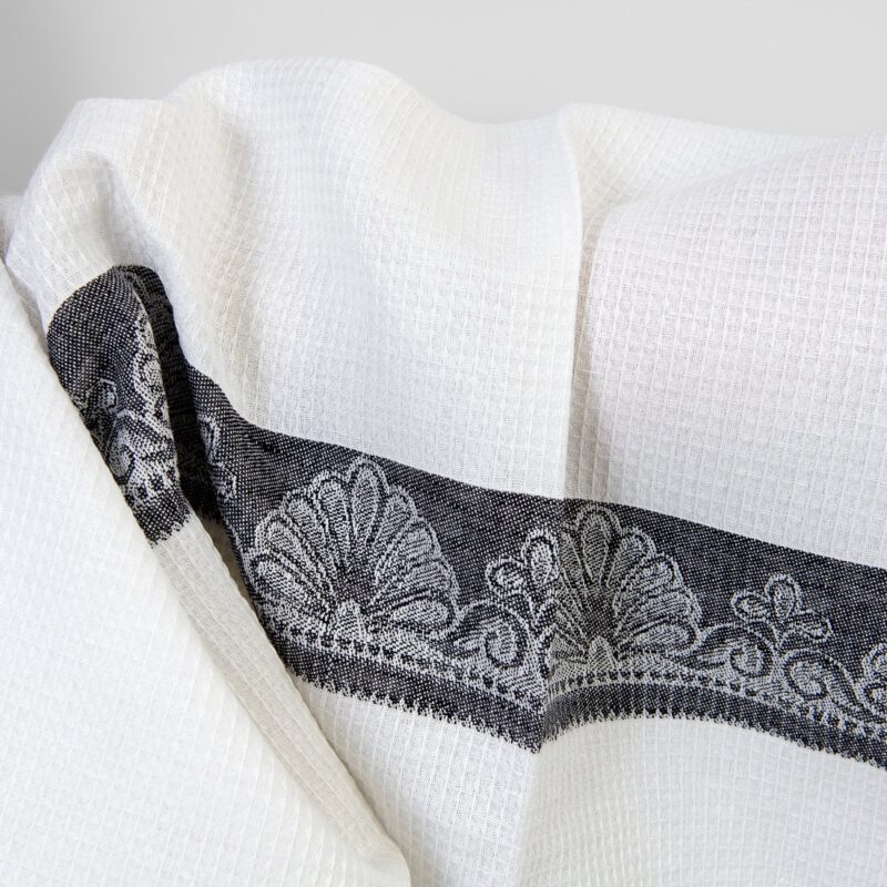 Linen cotton fabric white waffle with black stripes
