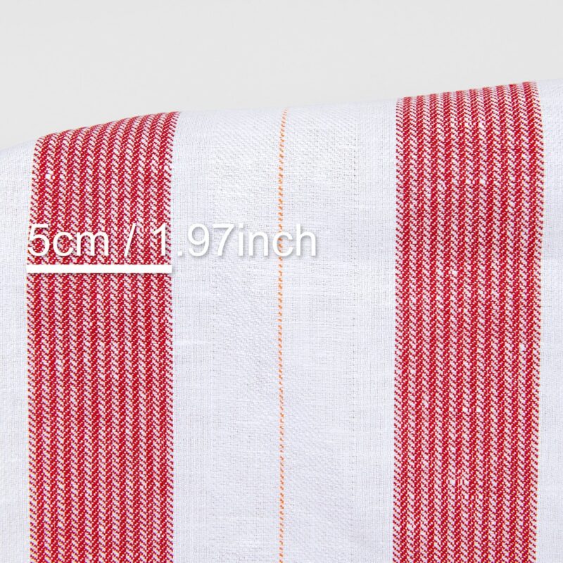 Linen cotton fabric white herringbone red stripes, with measurements