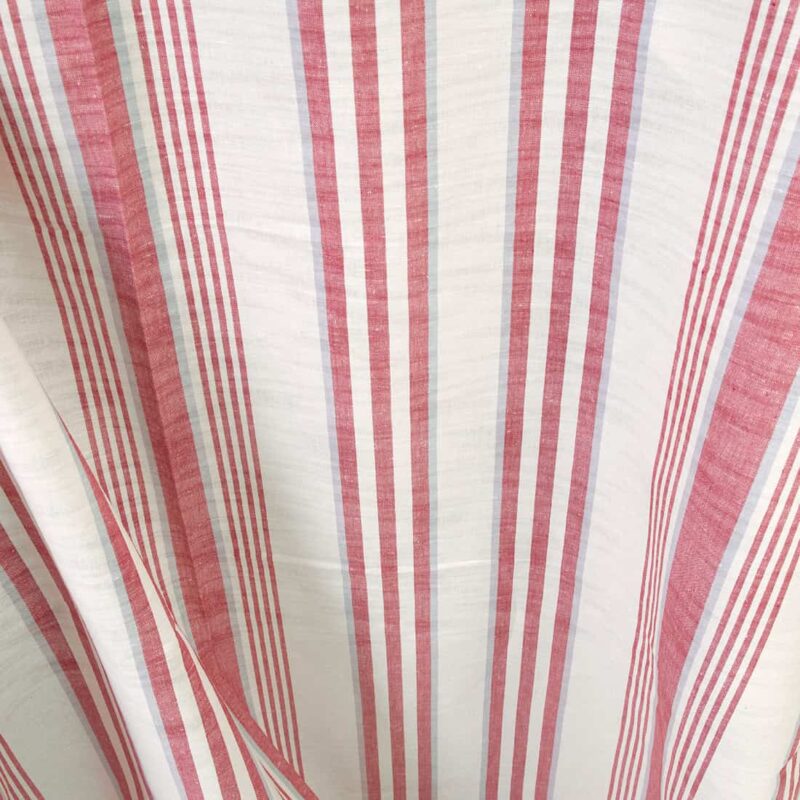 Linen cotton fabric off-white with red stripes, for sewing DIY
