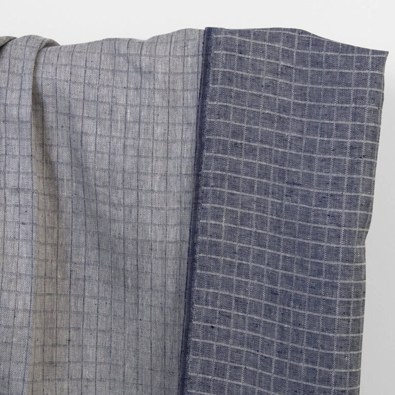 Linen fabric grey blue twill checks
