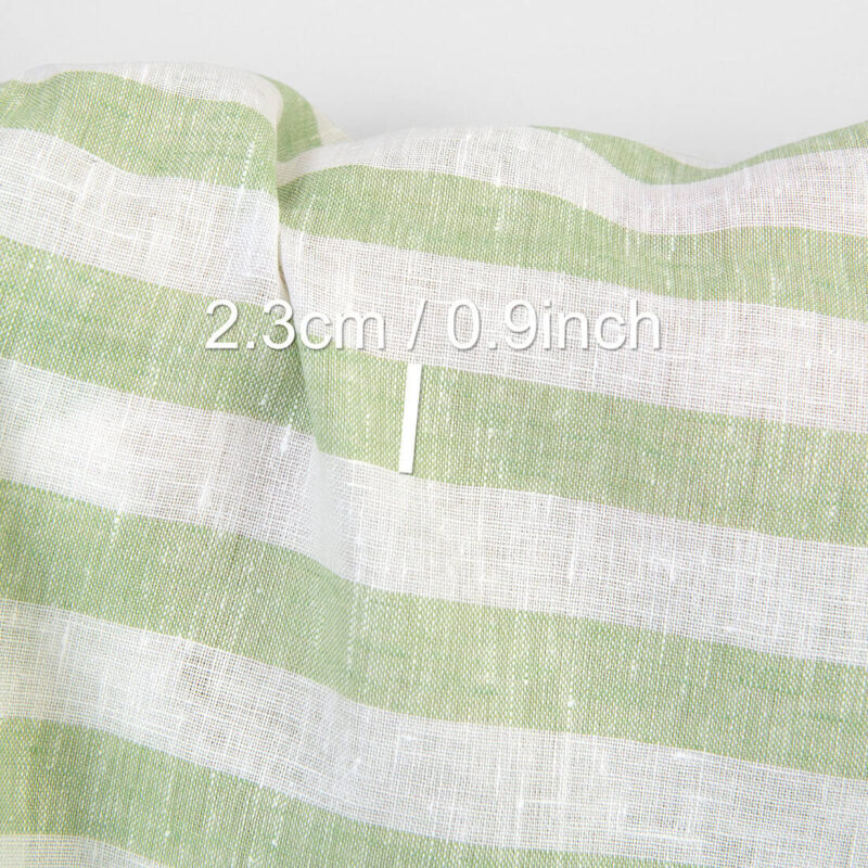 Linen fabric in green and white stripes, with measurements