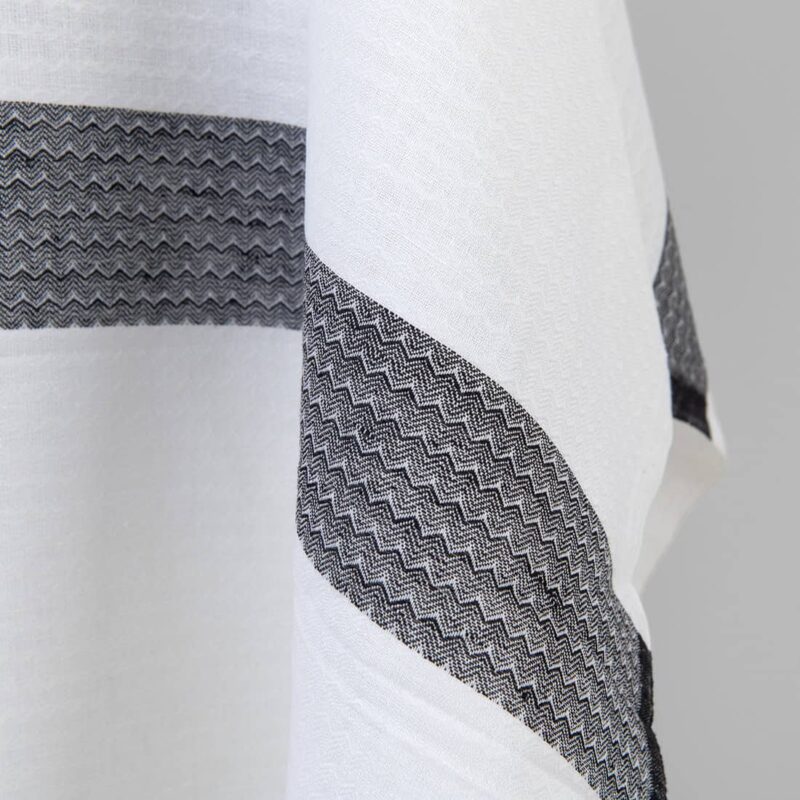 Linen cotton fabric white with black stripe herringbone, 180cm width