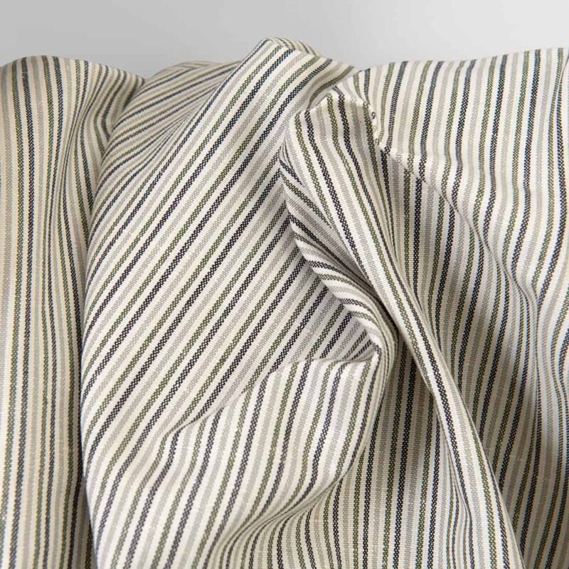 Linen cotton fabric cream with greenish stripes, thick durable fabric