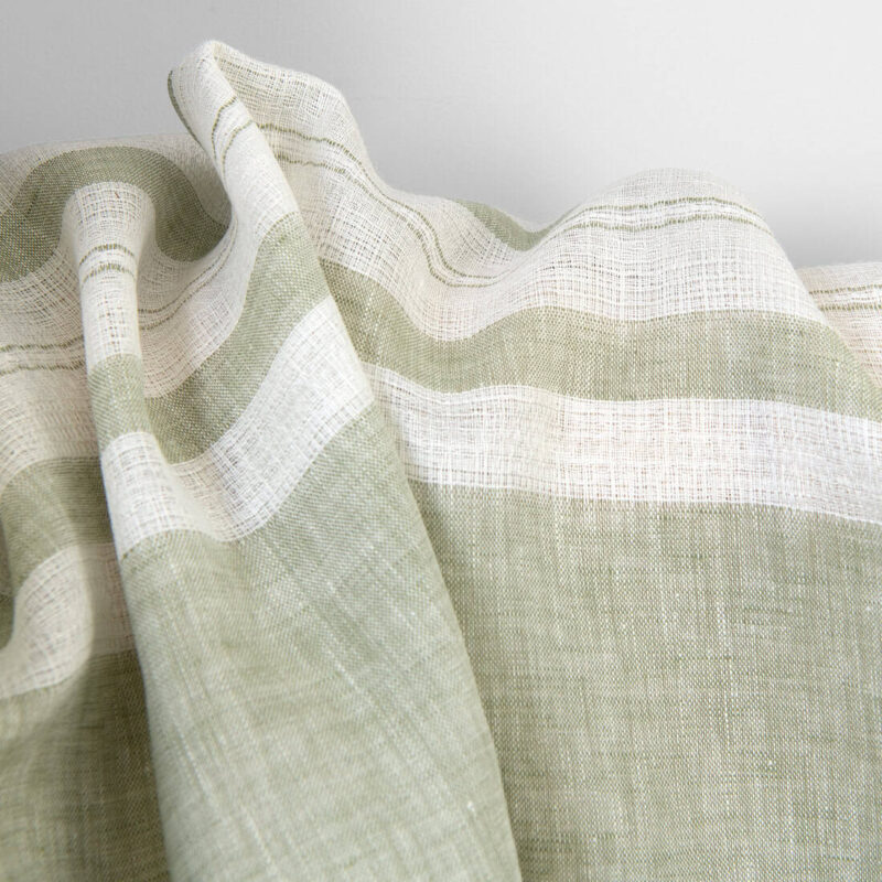 Lightweight linen fabric green and white stripes, pure linen