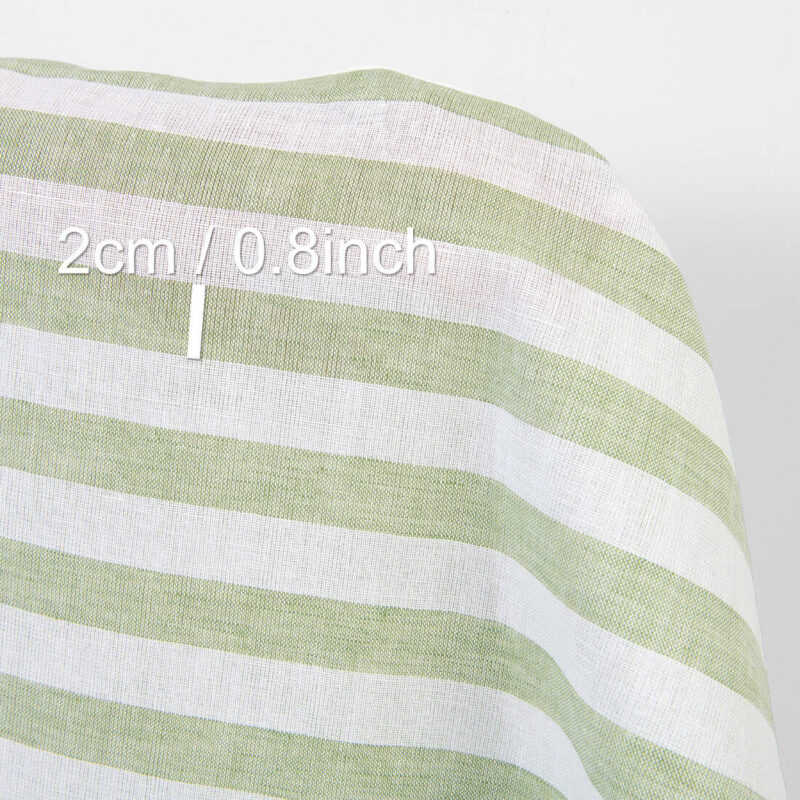 Linen cotton fabric in green and white stripes, with measurements