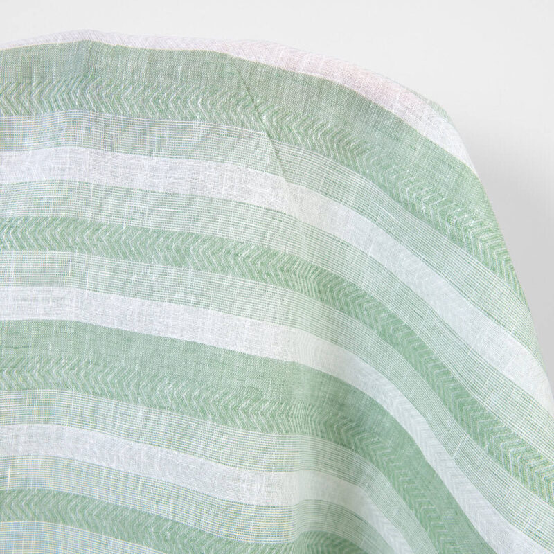 Linen fabric in pale green and white herringbone stripes, 150cm width