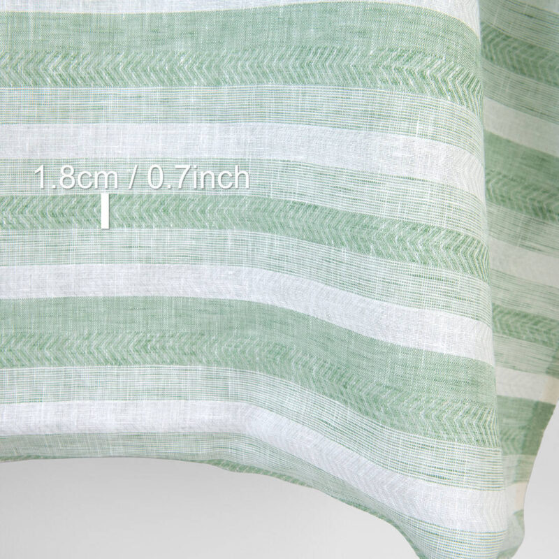 Linen fabric in pale green and white herringbone stripes, with measurements