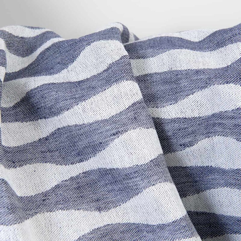 Linen cotton fabric blue wavy stripe jacquard, unwashed
